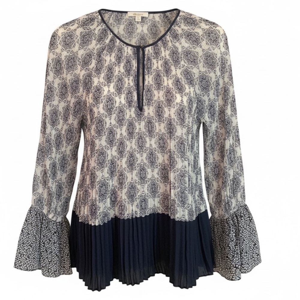 Ella Moss Navy Blue and White Pleated Blouse with Bell Sleeves Size M